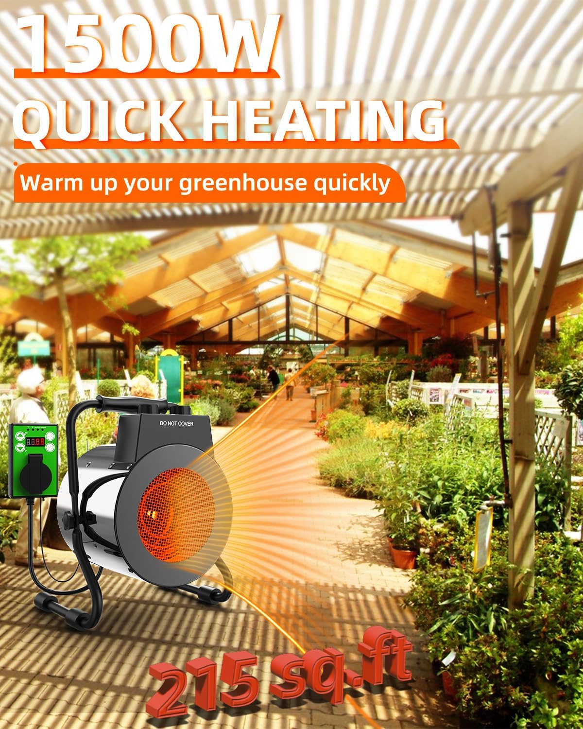 Buyplus Greenhouse Heater with Digital Thermostat, 1500W Outdoor Heaters for Patio, Electric Space Heater for Patio, Garage, Greenhouse, Flower House, Silver - CookCave