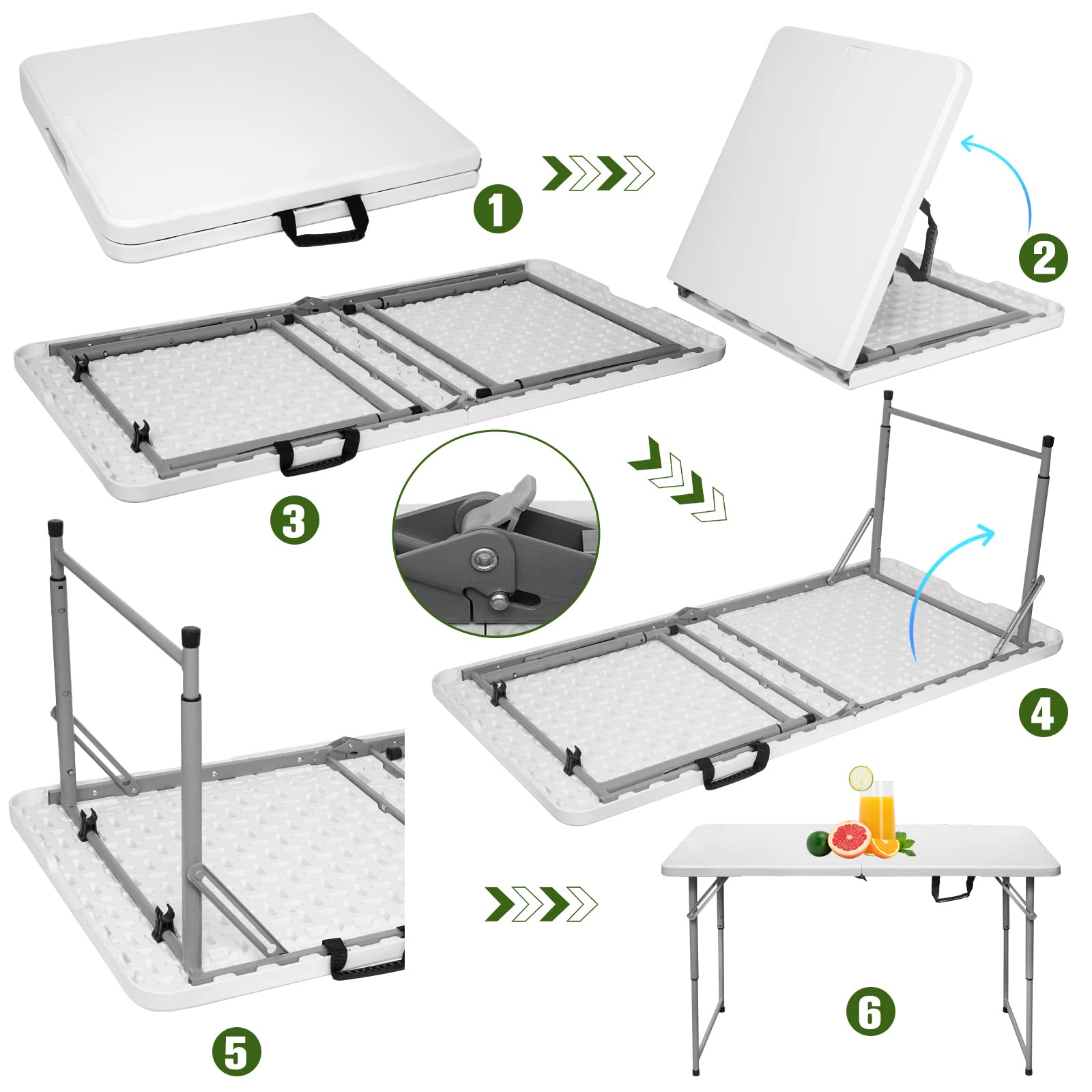 Byliable Folding Table 4 Foot Portable Heavy Duty Plastic Fold-in-Half Utility Table Small Indoor Outdoor Adjustable Height Folding with Carrying Handle, Camping and Party,White - CookCave