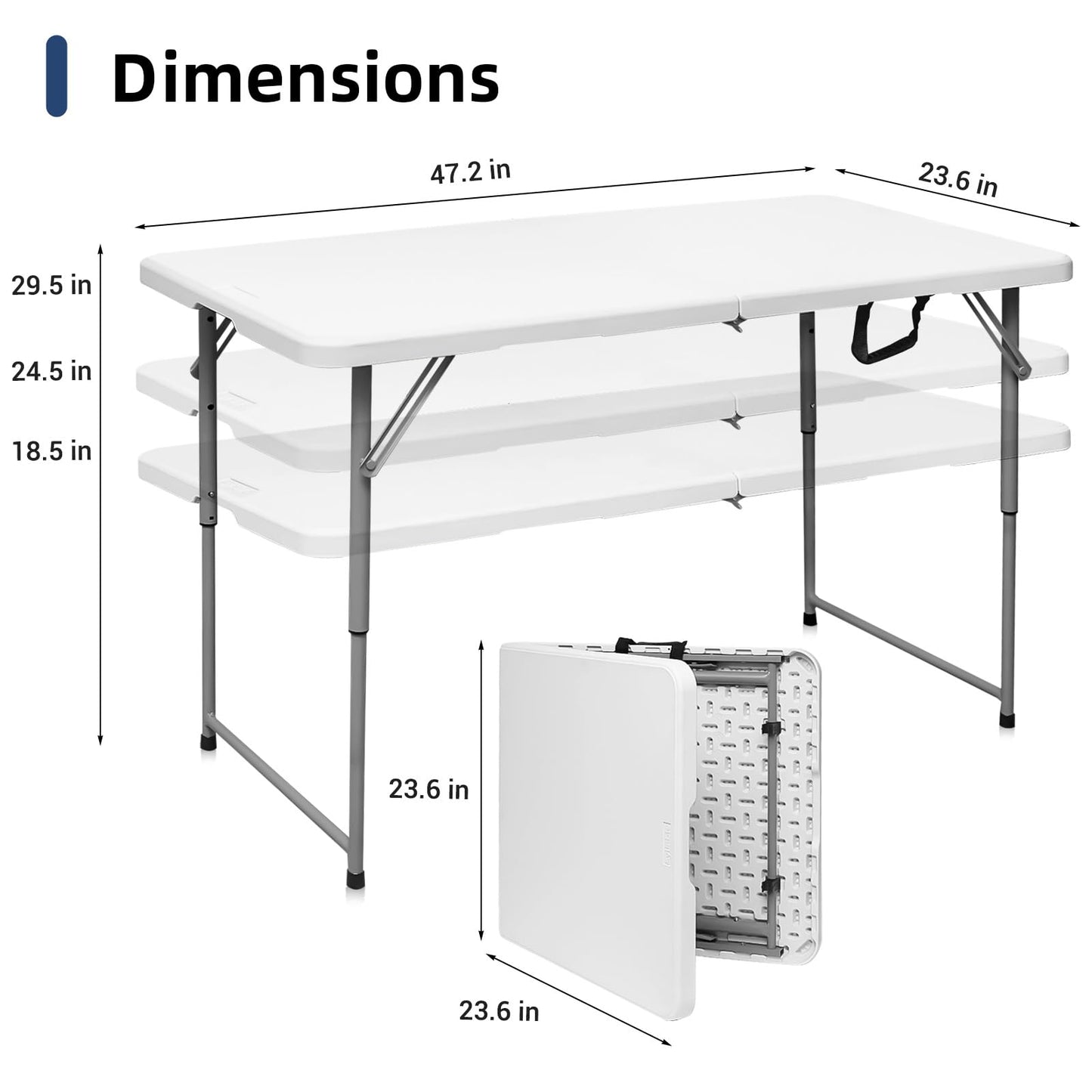 Byliable Folding Table 4 Foot Portable Heavy Duty Plastic Fold-in-Half Utility Table Small Indoor Outdoor Adjustable Height Folding with Carrying Handle, Camping and Party,White - CookCave