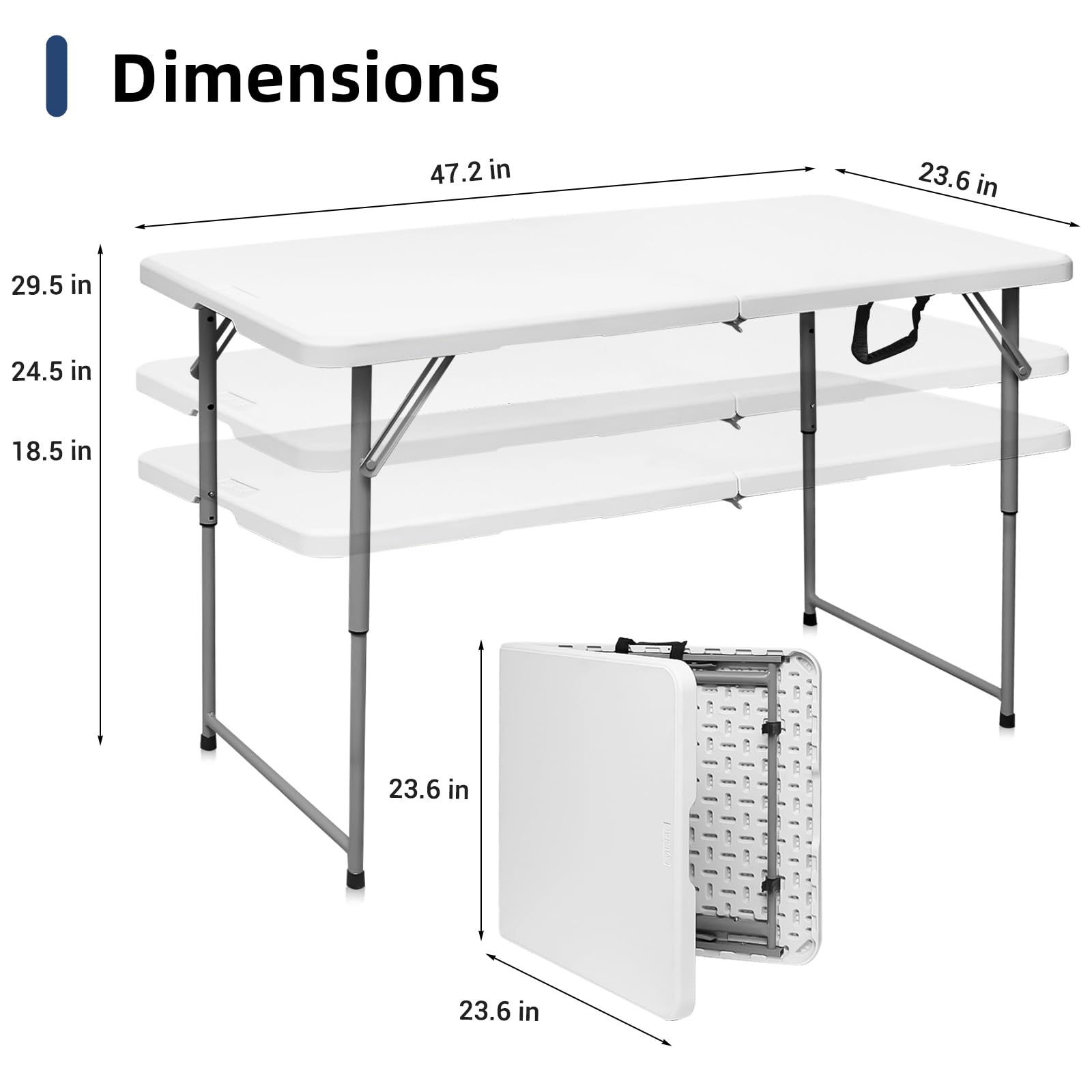 Byliable Folding Table 4 Foot Portable Heavy Duty Plastic Fold-in-Half Utility Table Small Indoor Outdoor Adjustable Height Folding with Carrying Handle, Camping and Party,White - CookCave