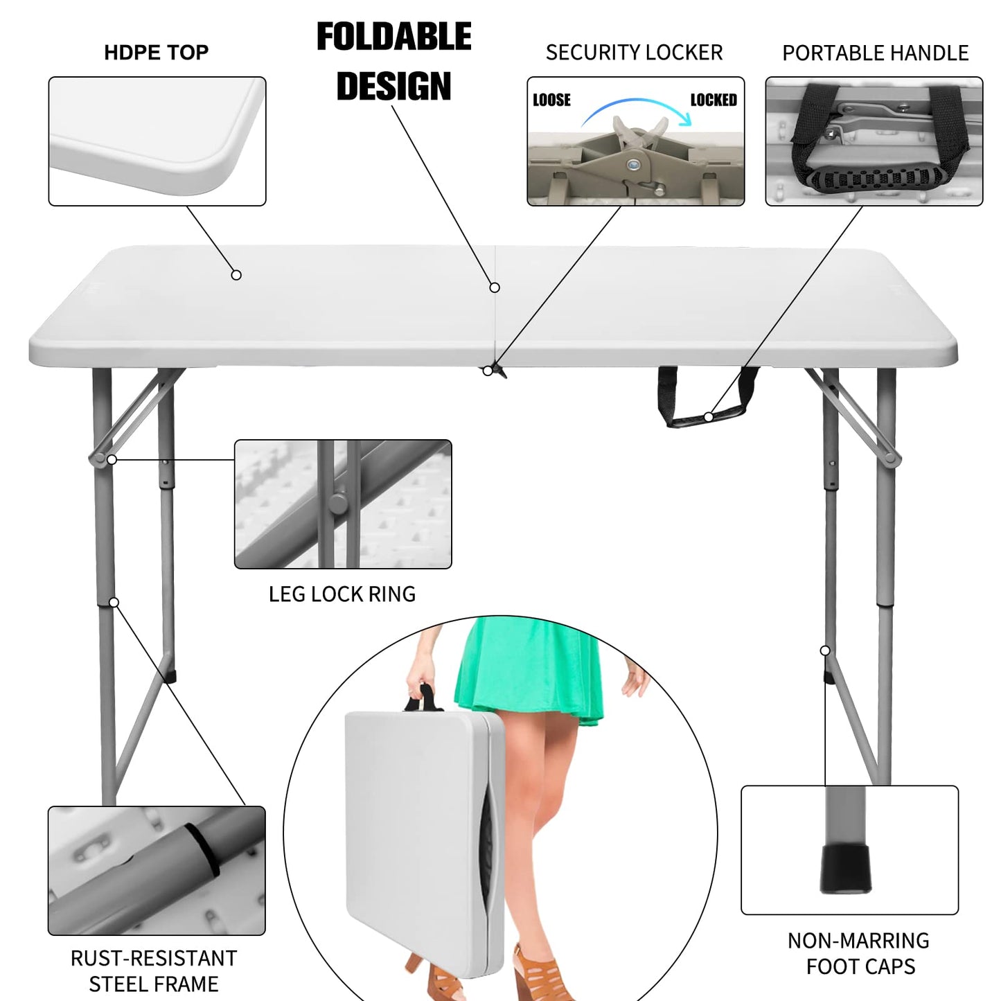 Byliable Folding Table 4 Foot Portable Heavy Duty Plastic Fold-in-Half Utility Table Small Indoor Outdoor Adjustable Height Folding with Carrying Handle, Camping and Party,White - CookCave