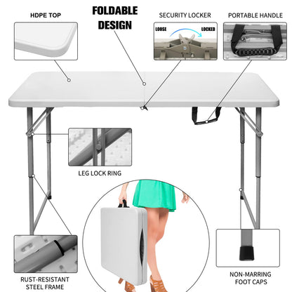 Byliable Folding Table 4 Foot Portable Heavy Duty Plastic Fold-in-Half Utility Table Small Indoor Outdoor Adjustable Height Folding with Carrying Handle, Camping and Party,White - CookCave