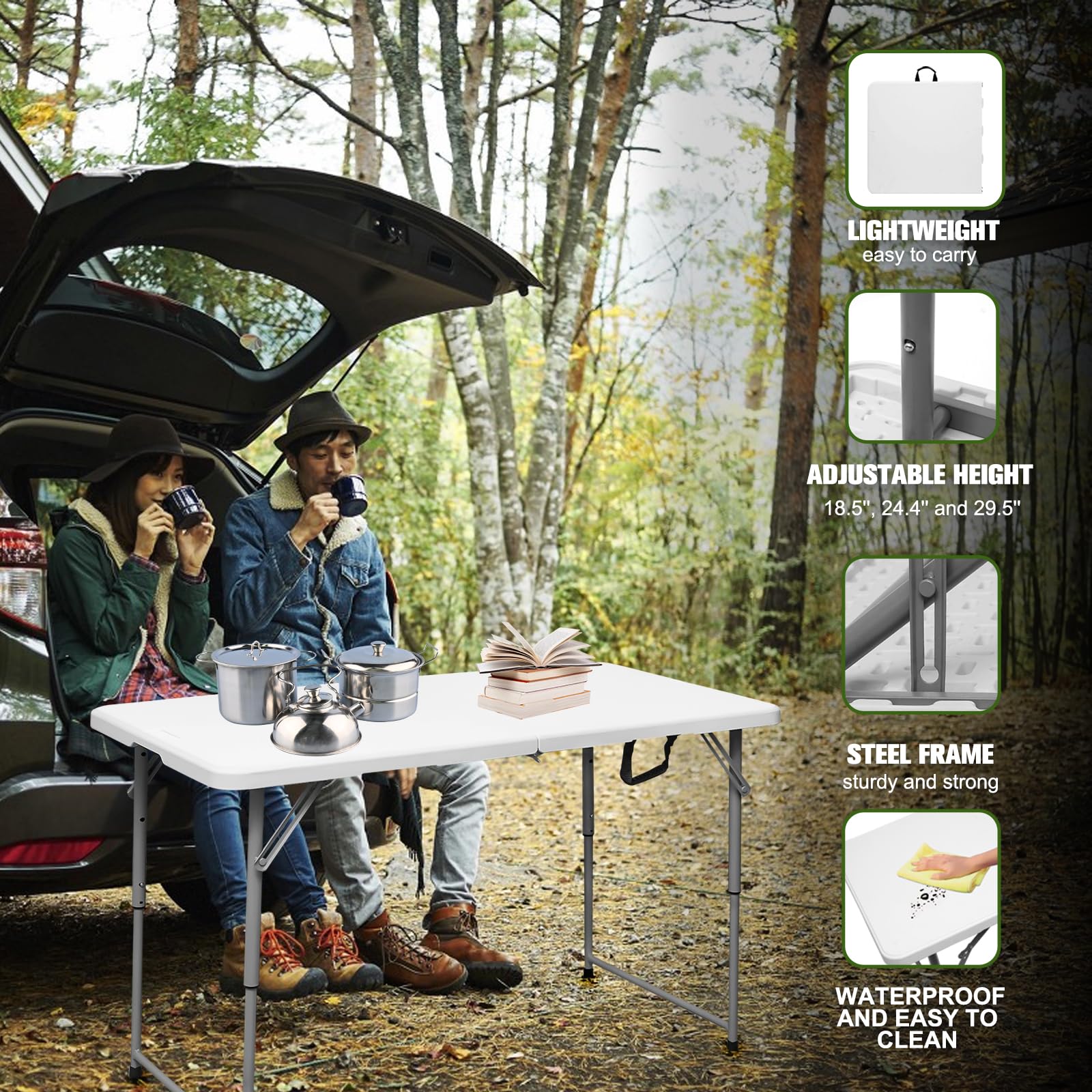 Byliable Folding Table 4 Foot Portable Heavy Duty Plastic Fold-in-Half Utility Table Small Indoor Outdoor Adjustable Height Folding with Carrying Handle, Camping and Party,White - CookCave