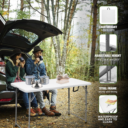 Byliable Folding Table 4 Foot Portable Heavy Duty Plastic Fold-in-Half Utility Table Small Indoor Outdoor Adjustable Height Folding with Carrying Handle, Camping and Party,White - CookCave