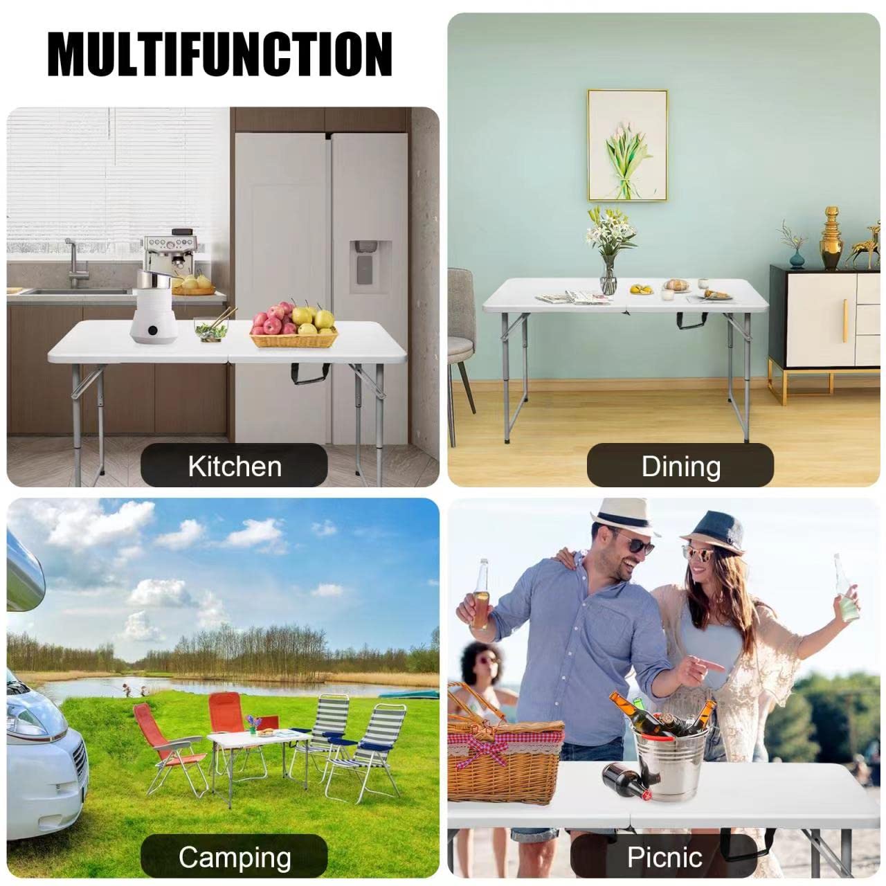 Byliable Folding Table 4 Foot Portable Heavy Duty Plastic Fold-in-Half Utility Table Small Indoor Outdoor Adjustable Height Folding with Carrying Handle, Camping and Party,White - CookCave