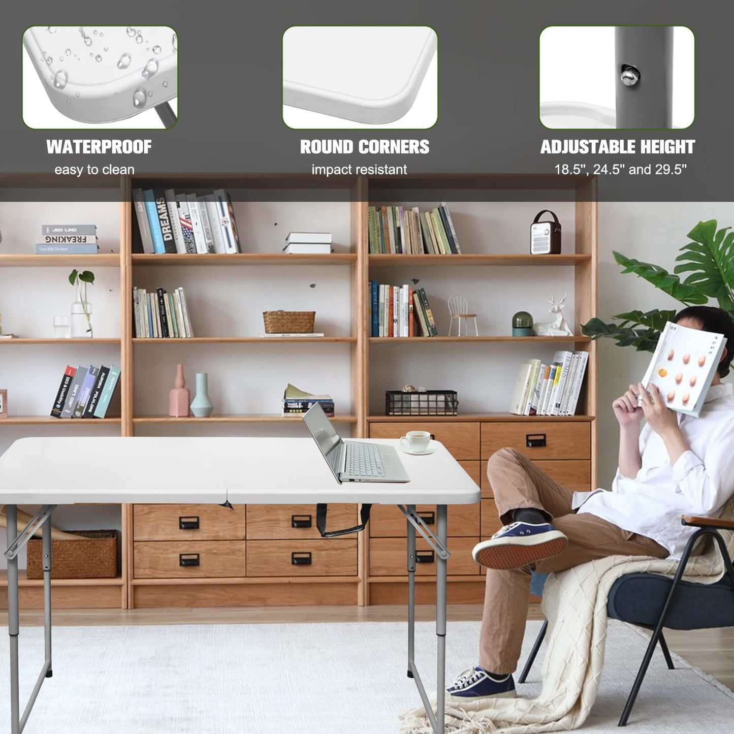 Byliable Folding Table 4 Foot Portable Heavy Duty Plastic Fold-in-Half Utility Table Small Indoor Outdoor Adjustable Height Folding with Carrying Handle, Camping and Party,White - CookCave