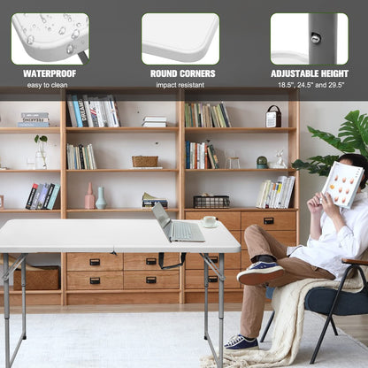 Byliable Folding Table 4 Foot Portable Heavy Duty Plastic Fold-in-Half Utility Table Small Indoor Outdoor Adjustable Height Folding with Carrying Handle, Camping and Party,White - CookCave