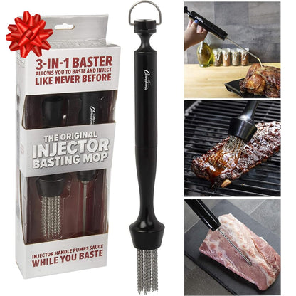 Camerons 3-in-1 Barbecue Injector Basting Mop - Baster Set Includes BBQ Chain Basting Brush & Meat Syringe to Baste, Marinate & Inject Food w Flavor - Indoor Outdoor Use- Grilling Gift for Fathers Day - CookCave