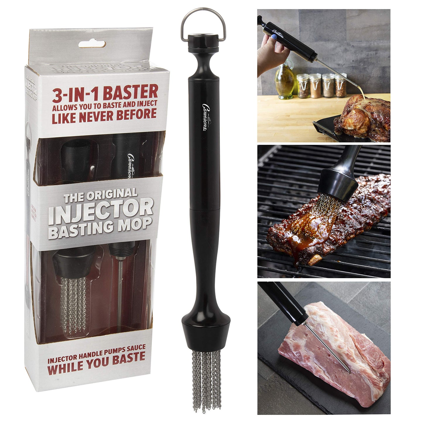 Camerons 3-in-1 Barbecue Injector Basting Mop - Baster Set Includes BBQ Chain Basting Brush & Meat Syringe to Baste, Marinate & Inject Food w Flavor - Indoor Outdoor Use- Grilling Gift for Fathers Day - CookCave