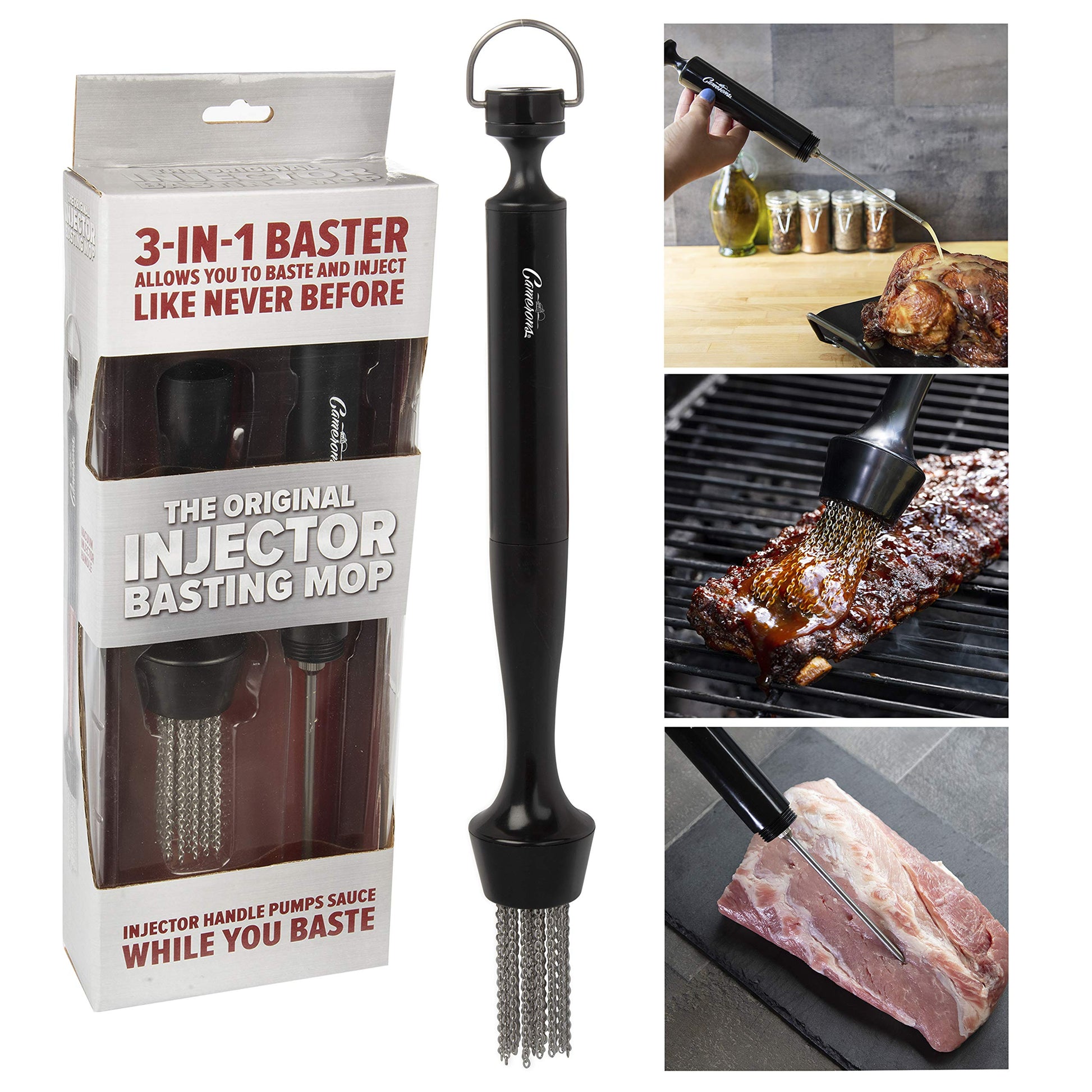 Camerons 3-in-1 Barbecue Injector Basting Mop - Baster Set Includes BBQ Chain Basting Brush & Meat Syringe to Baste, Marinate & Inject Food w Flavor - Indoor Outdoor Use- Grilling Gift for Fathers Day - CookCave