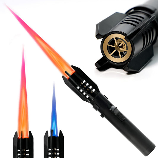 Camping Lighter, Torch Lighter, Straight Flame Bright Fire Refillable Windproof Adjustable Color with Safety Lock for Campfires Kitchen Hiking Candles Fireplace BBQ Outdoor Essentials (Black) - CookCave