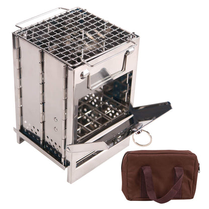 CAMPMAX Portable Folding Camping Wood Stove for Outdoor Cooking, Lightweight Stainless Steel Wood Burning Camp Stove with Grill for Backpacking BBQ Picnic, Small - CookCave