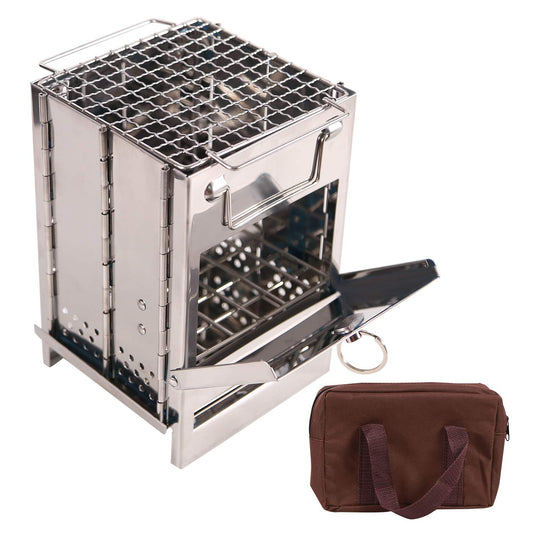 CAMPMAX Portable Folding Camping Wood Stove for Outdoor Cooking, Lightweight Stainless Steel Wood Burning Camp Stove with Grill for Backpacking BBQ Picnic, Small - CookCave