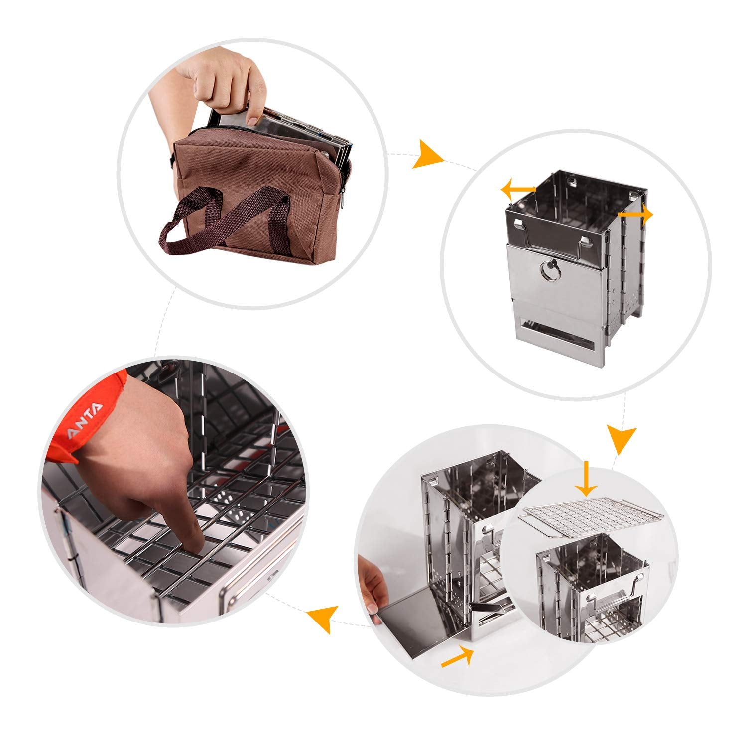 CAMPMAX Portable Folding Camping Wood Stove for Outdoor Cooking, Lightweight Stainless Steel Wood Burning Camp Stove with Grill for Backpacking BBQ Picnic, Small - CookCave