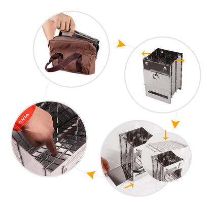 CAMPMAX Portable Folding Camping Wood Stove for Outdoor Cooking, Lightweight Stainless Steel Wood Burning Camp Stove with Grill for Backpacking BBQ Picnic, Small - CookCave