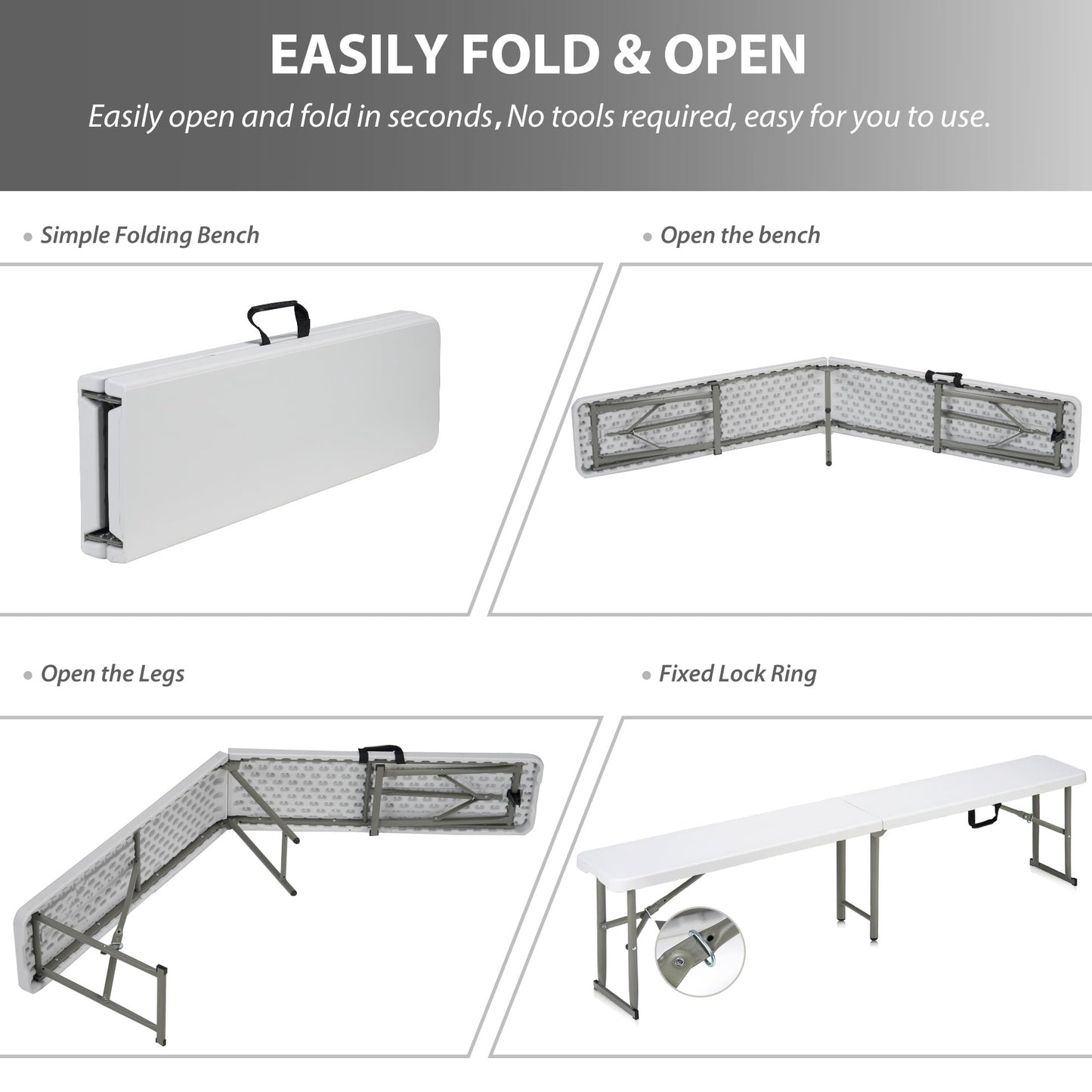 Candockway 6ft Plastic Folding Bench with Carrying Handle & Lock, Portable Outdoor Bench in Garden Picnic Camping Dining Party Seat, Waterproof Bench for Soccer Activities, Firm and Durable（2 Pack A） - CookCave