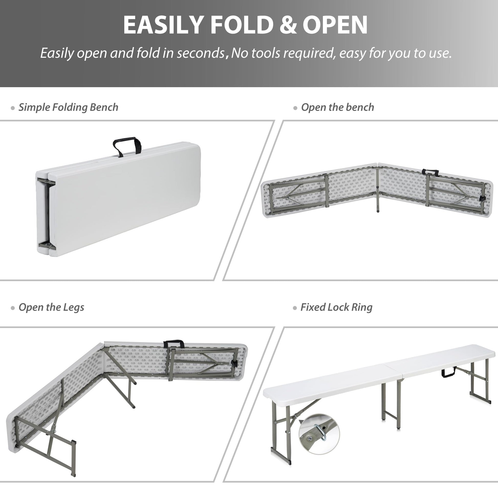 Candockway 6ft Plastic Folding Bench with Carrying Handle & Lock, Portable Outdoor Bench in Garden Picnic Camping Dining Party Seat, Waterproof Bench for Soccer Activities, Firm and Durable（2 Pack A） - CookCave