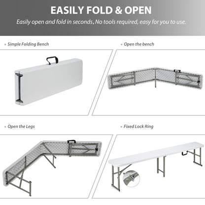 Candockway 6ft Plastic Folding Bench with Carrying Handle & Lock, Portable Outdoor Bench in Garden Picnic Camping Dining Party Seat, Waterproof Bench for Soccer Activities, Firm and Durable（2 Pack A） - CookCave