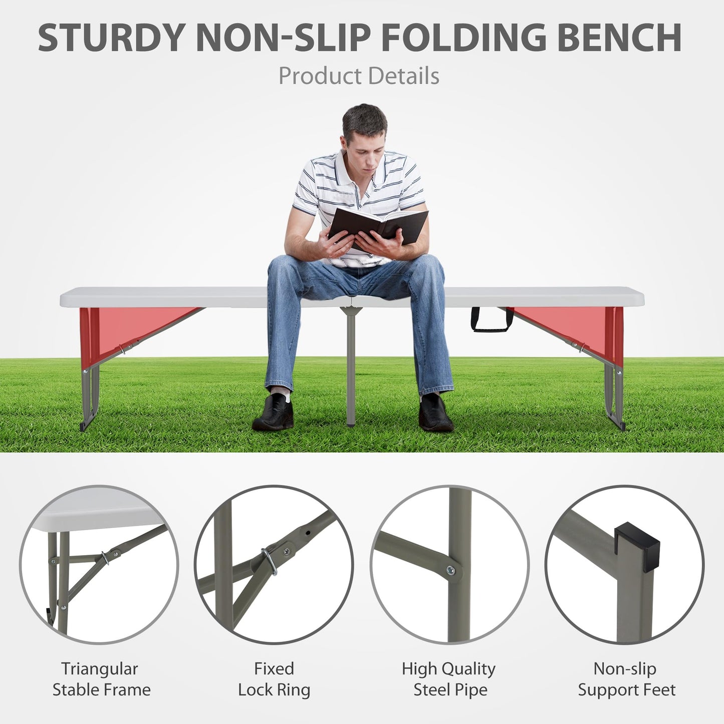 Candockway 6ft Plastic Folding Bench with Carrying Handle & Lock, Portable Outdoor Bench in Garden Picnic Camping Dining Party Seat, Waterproof Bench for Soccer Activities, Firm and Durable（2 Pack A） - CookCave