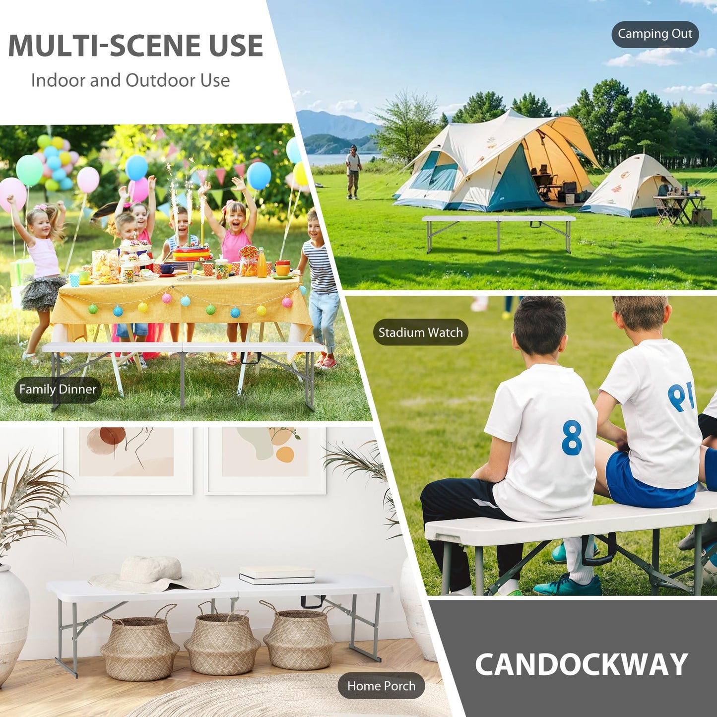 Candockway 6ft Plastic Folding Bench with Carrying Handle & Lock, Portable Outdoor Bench in Garden Picnic Camping Dining Party Seat, Waterproof Bench for Soccer Activities, Firm and Durable（2 Pack A） - CookCave