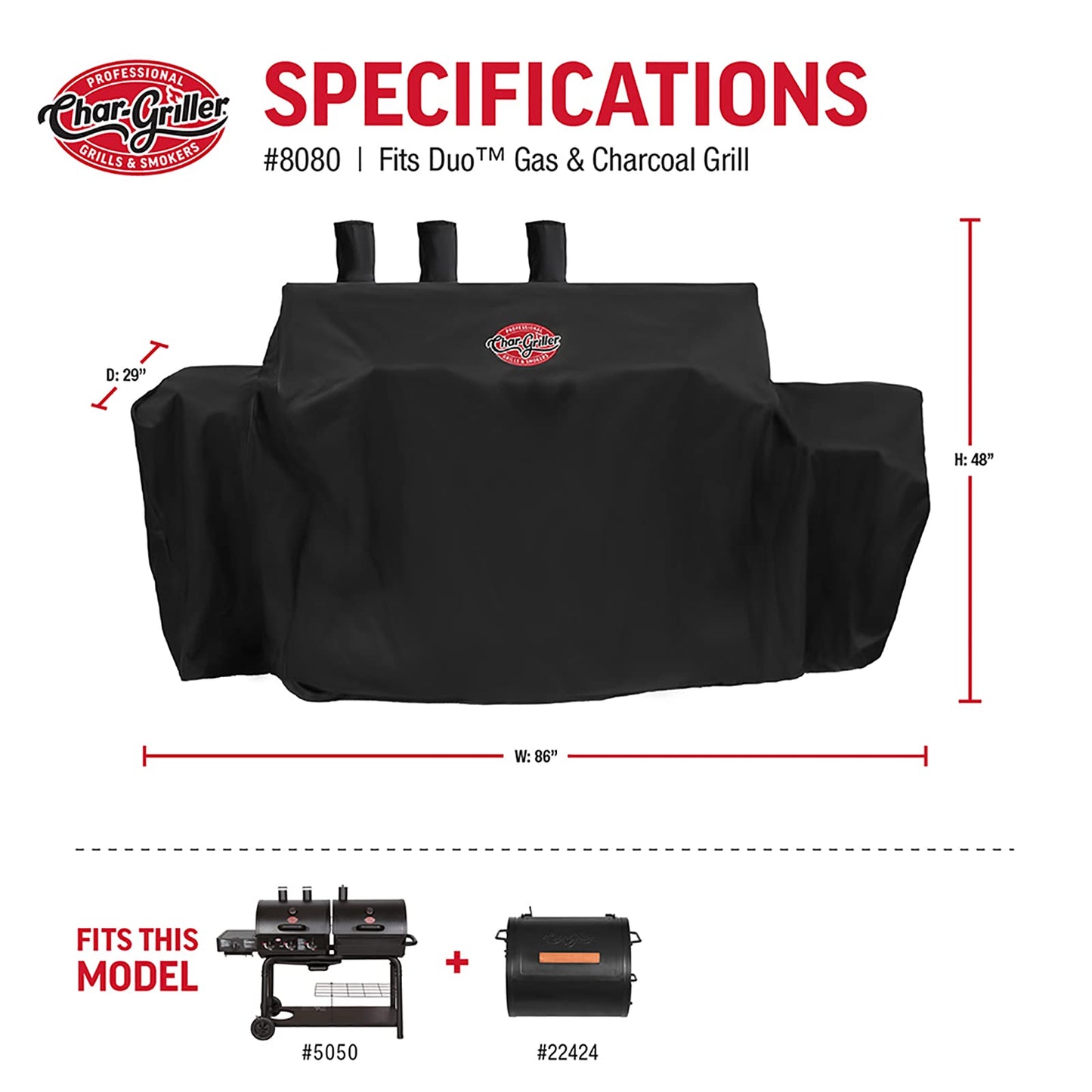 Char-Griller® 3-Burner Dual Fuel Expandable Propane Gas and Charcoal Outdoor Polyester Grill and Smoker Cover in Black, 29in x 65in x 49in, Model 8080 - CookCave