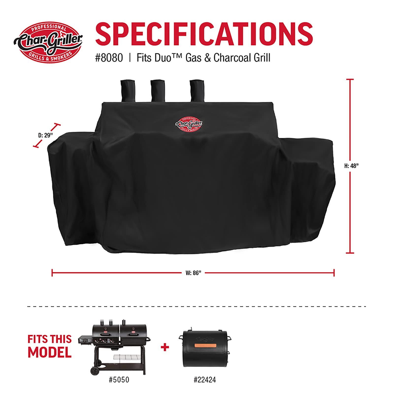 Char-Griller® 3-Burner Dual Fuel Expandable Propane Gas and Charcoal Outdoor Polyester Grill and Smoker Cover in Black, 29in x 65in x 49in, Model 8080 - CookCave