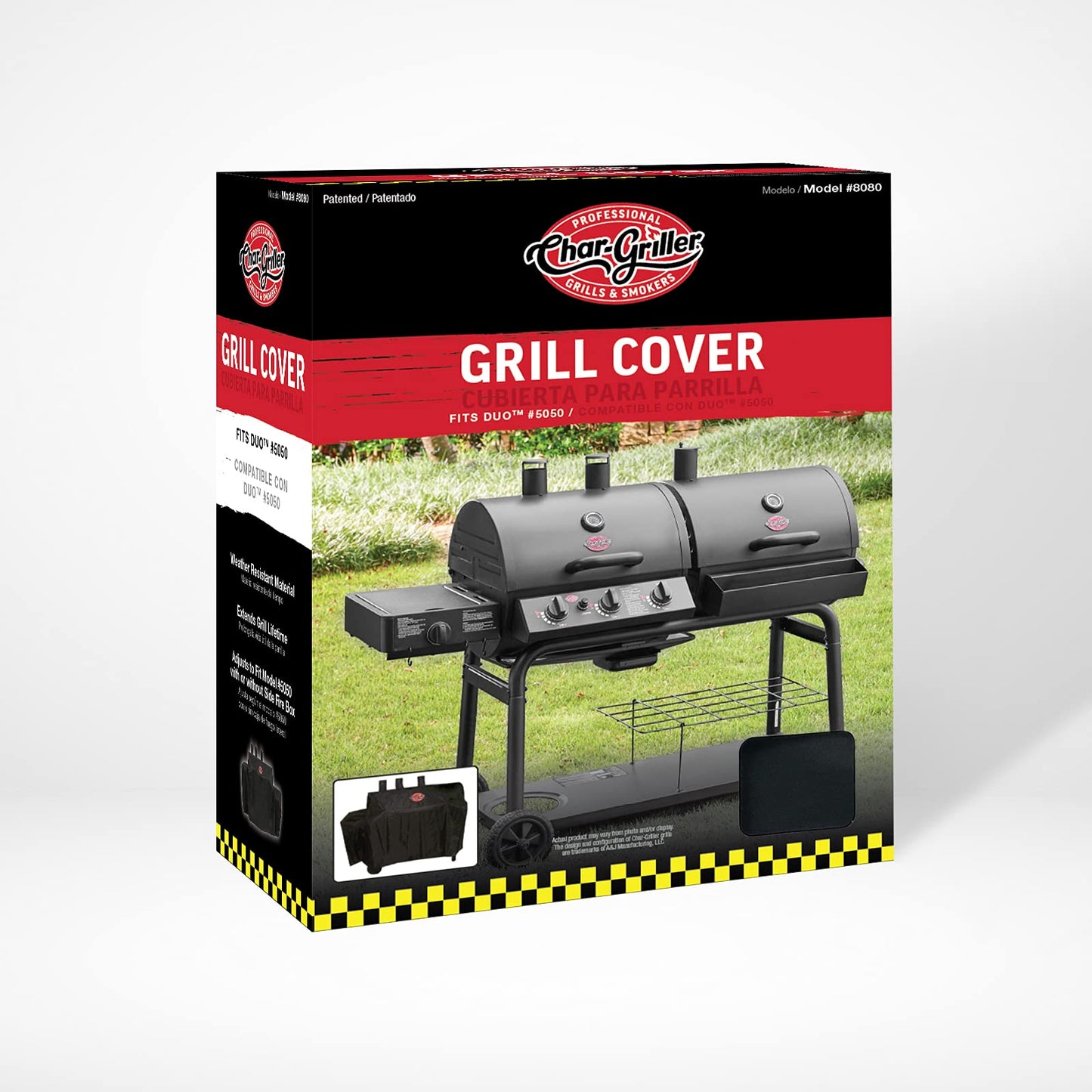 Char-Griller® 3-Burner Dual Fuel Expandable Propane Gas and Charcoal Outdoor Polyester Grill and Smoker Cover in Black, 29in x 65in x 49in, Model 8080 - CookCave