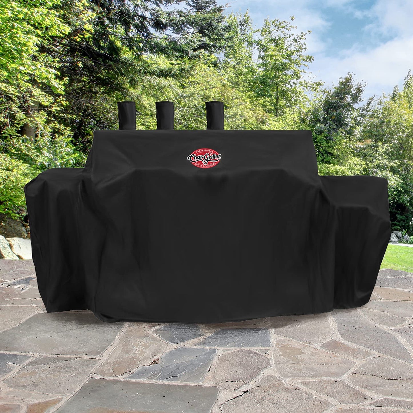Char-Griller® 3-Burner Dual Fuel Expandable Propane Gas and Charcoal Outdoor Polyester Grill and Smoker Cover in Black, 29in x 65in x 49in, Model 8080 - CookCave