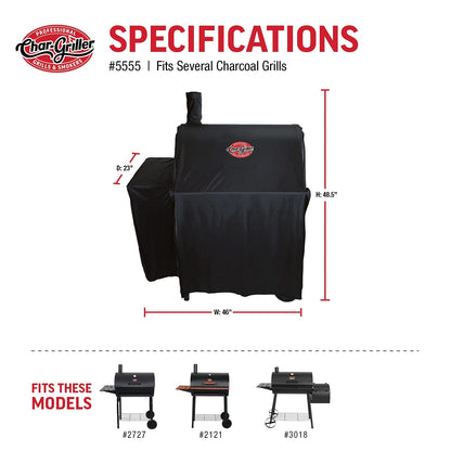 Char-Griller® Durable Polyester Grill and Smoker Cover with Waterproof Material, PVC Lining, and Extendable Design in Black, 46"L x 23"W x 48.5"H, Model 5555 - CookCave