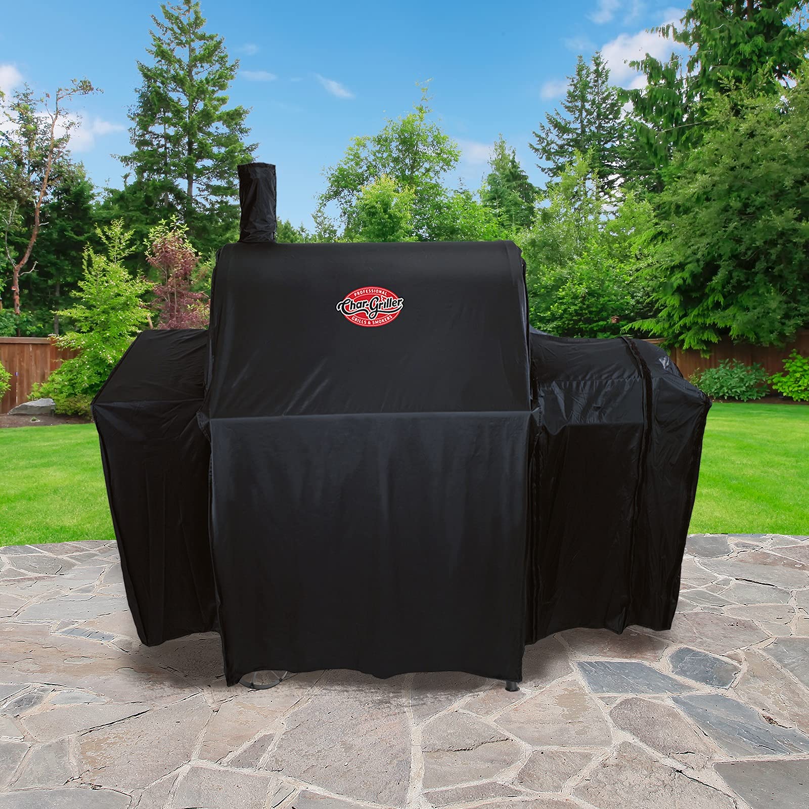 Char-Griller® Durable Polyester Grill and Smoker Cover with Waterproof Material, PVC Lining, and Extendable Design in Black, 46"L x 23"W x 48.5"H, Model 5555 - CookCave