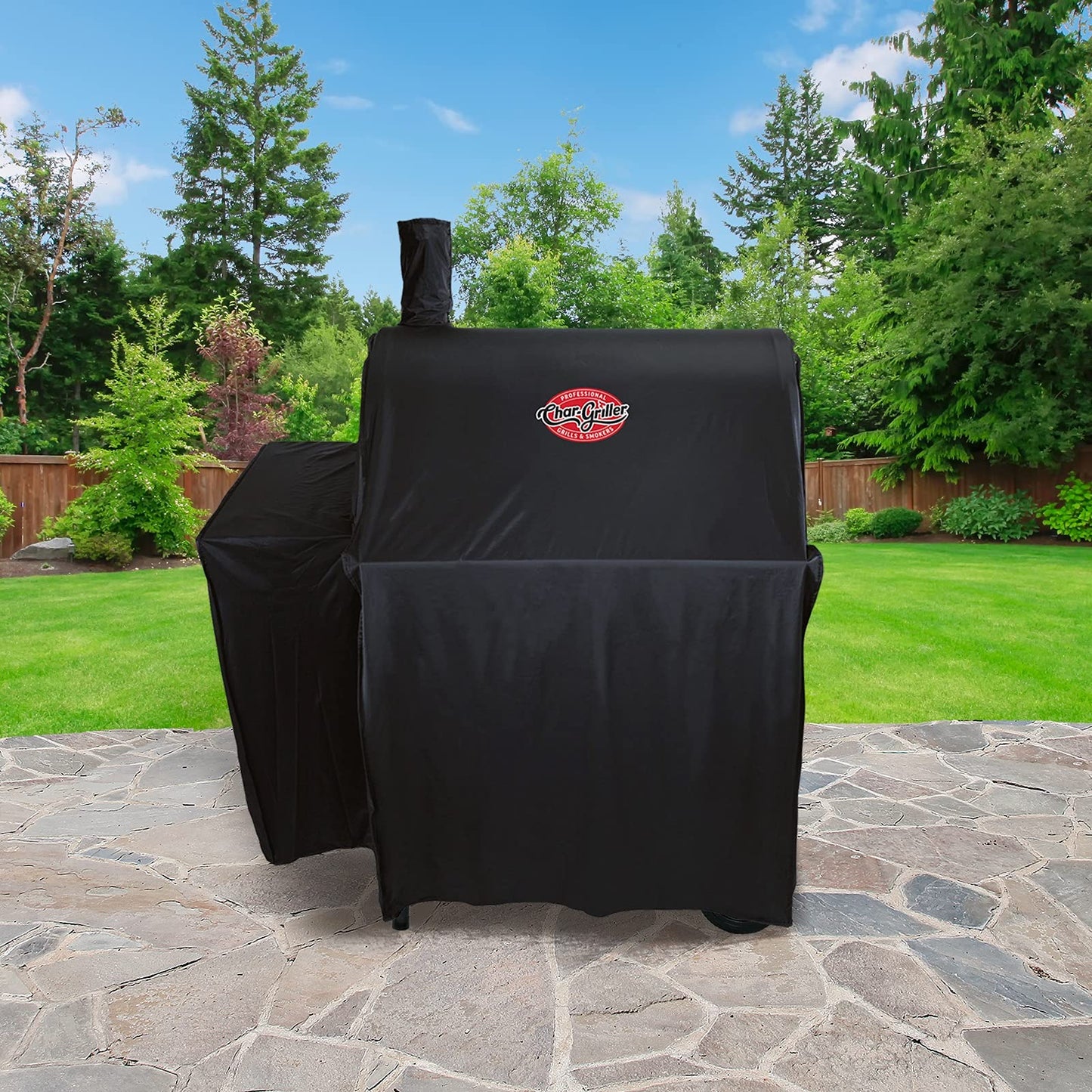 Char-Griller® Durable Polyester Grill and Smoker Cover with Waterproof Material, PVC Lining, and Extendable Design in Black, 46"L x 23"W x 48.5"H, Model 5555 - CookCave