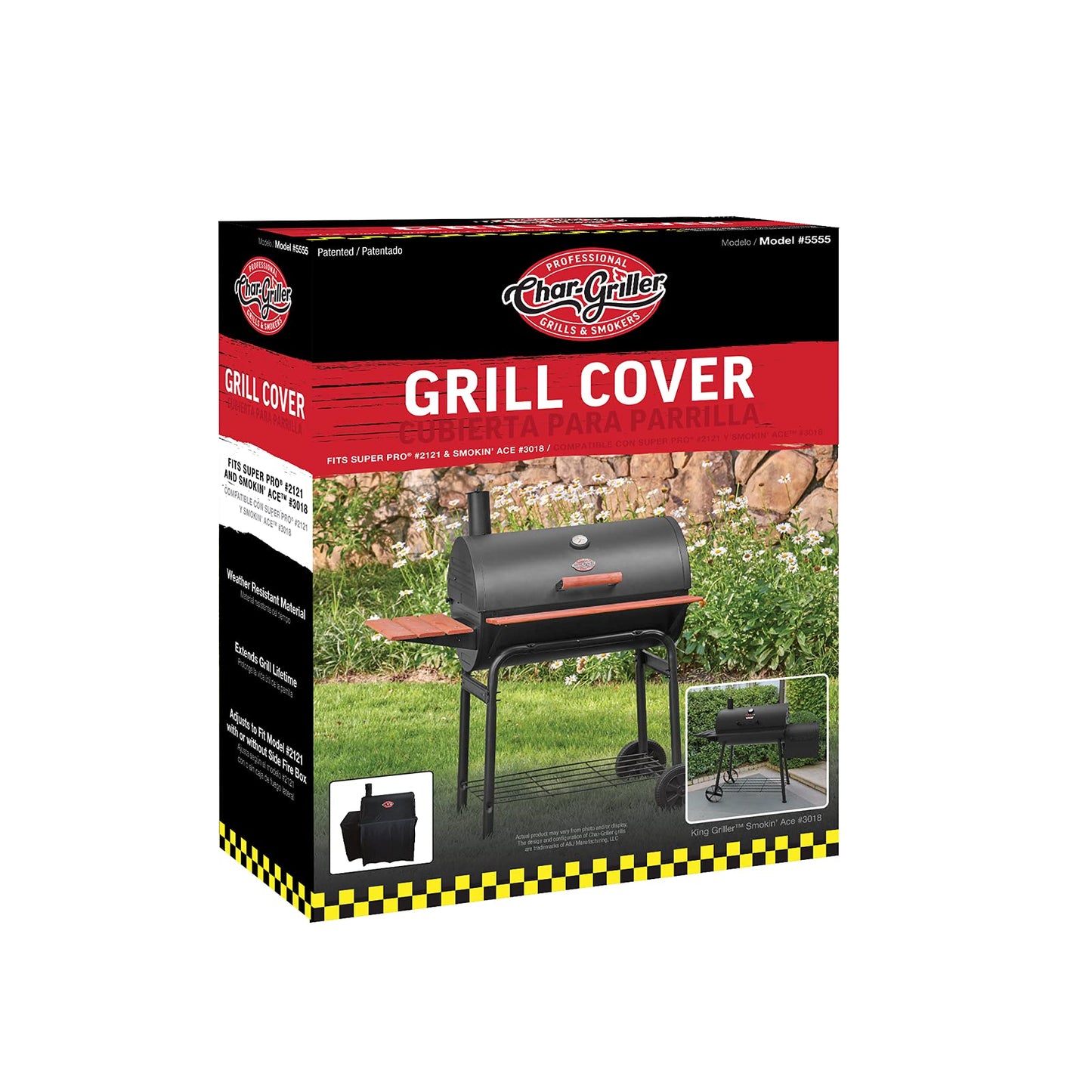 Char-Griller® Durable Polyester Grill and Smoker Cover with Waterproof Material, PVC Lining, and Extendable Design in Black, 46"L x 23"W x 48.5"H, Model 5555 - CookCave