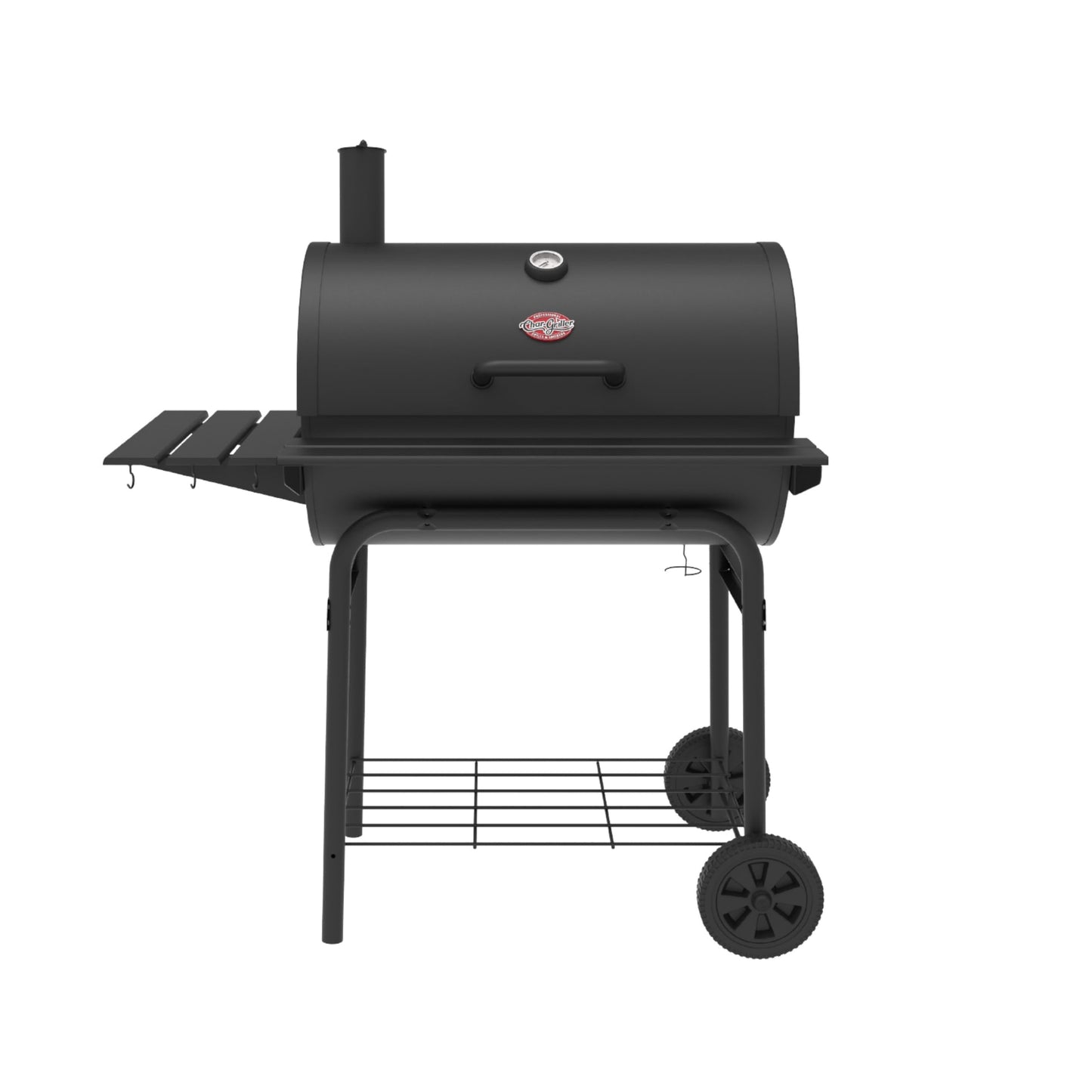 Char-Griller® Pro Deluxe Charcoal Barrel Grill, EasyDump™ Ash Pan, Premium Front and Side Shelves with Utensil Hooks, 850 Square Inches of Cooking Space in Black, Model E2827 - CookCave
