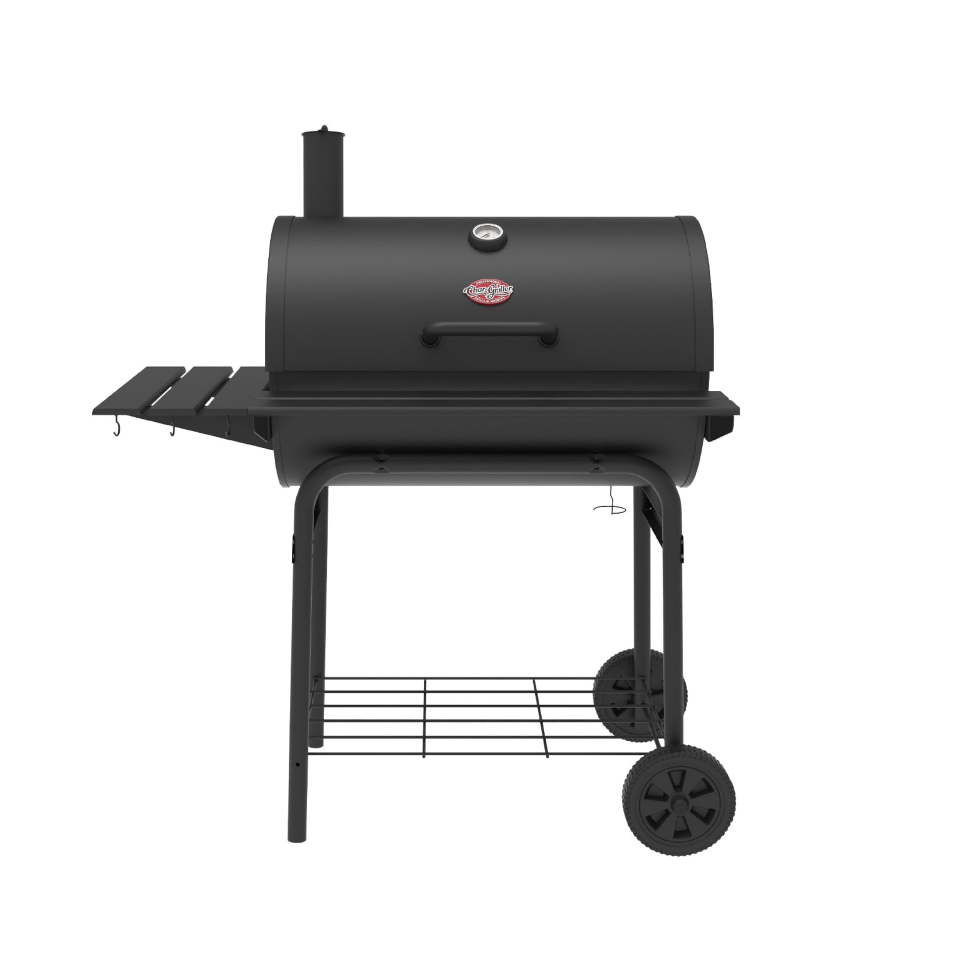 Char-Griller® Pro Deluxe Charcoal Barrel Grill, EasyDump™ Ash Pan, Premium Front and Side Shelves with Utensil Hooks, 850 Square Inches of Cooking Space in Black, Model E2827 - CookCave