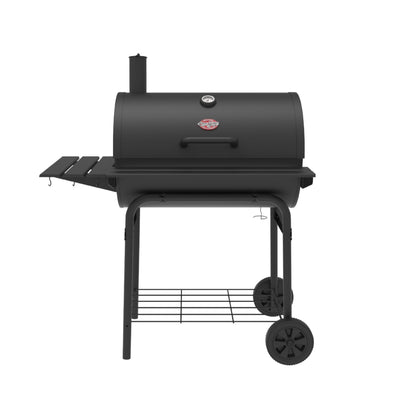 Char-Griller® Pro Deluxe Charcoal Barrel Grill, EasyDump™ Ash Pan, Premium Front and Side Shelves with Utensil Hooks, 850 Square Inches of Cooking Space in Black, Model E2827 - CookCave