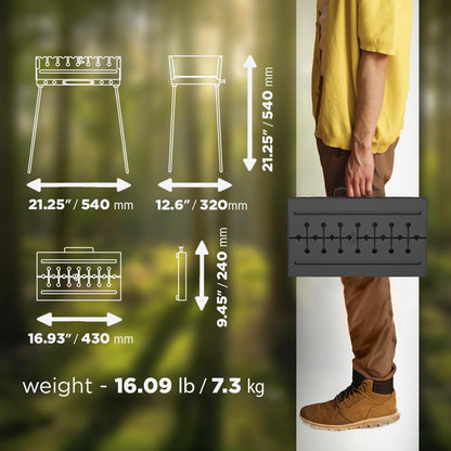 Charcoal Grill for 8 Skewers Portable Barbecue 16.9"×11.8"×16.9" Kabob Camp Grills - Foldable Metal Mangal - Kebab Shish BBQ for EDC Picnic Outdoor Cooking Camping Hiking - CookCave