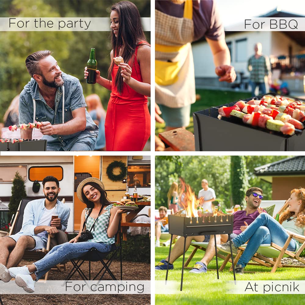 Charcoal Grill for 8 Skewers Portable Barbecue 16.9"×11.8"×16.9" Kabob Camp Grills - Foldable Metal Mangal - Kebab Shish BBQ for EDC Picnic Outdoor Cooking Camping Hiking - CookCave