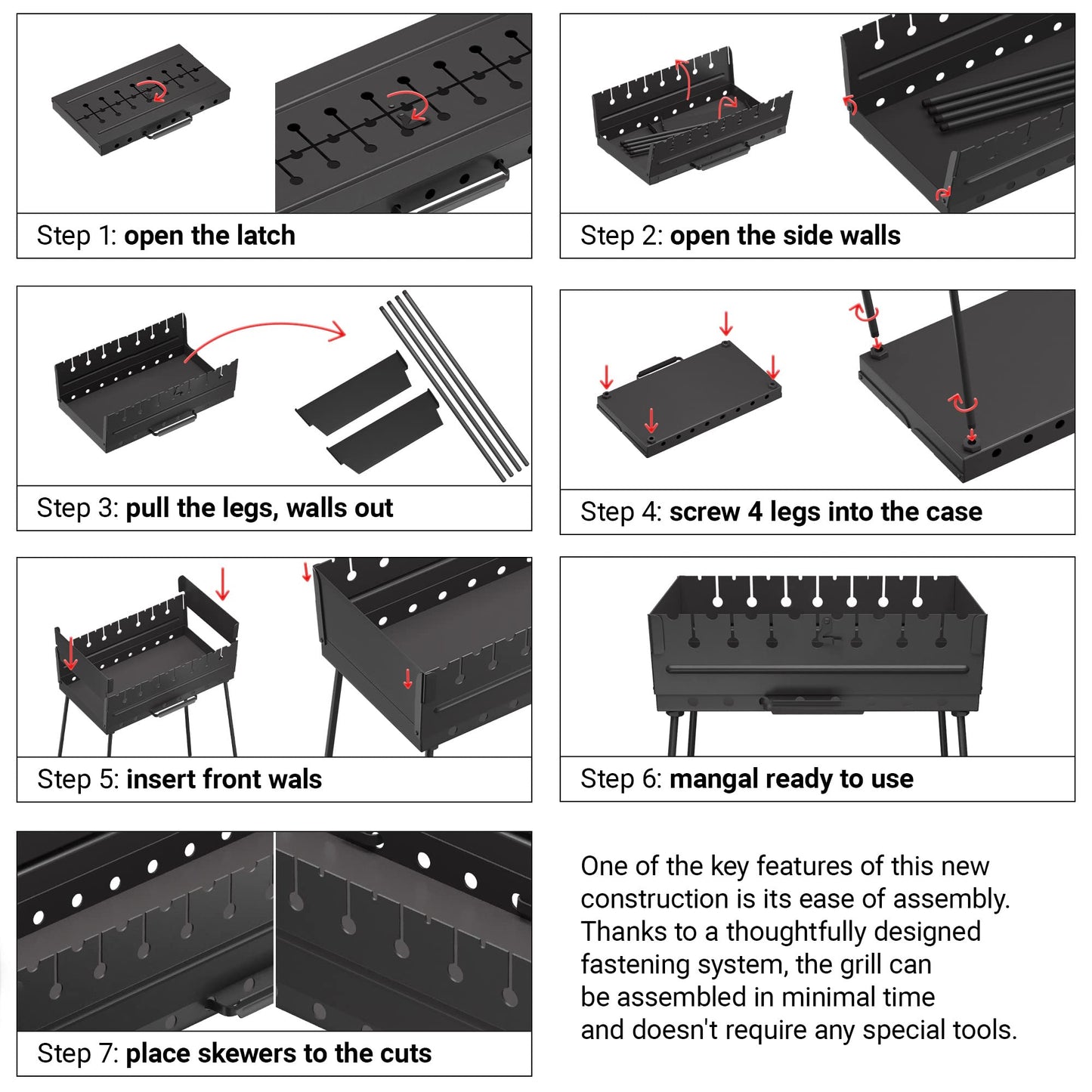 Charcoal Grill for 8 Skewers Portable Barbecue 16.9"×11.8"×16.9" Kabob Camp Grills - Foldable Metal Mangal - Kebab Shish BBQ for EDC Picnic Outdoor Cooking Camping Hiking - CookCave