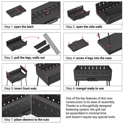 Charcoal Grill for 8 Skewers Portable Barbecue 16.9"×11.8"×16.9" Kabob Camp Grills - Foldable Metal Mangal - Kebab Shish BBQ for EDC Picnic Outdoor Cooking Camping Hiking - CookCave