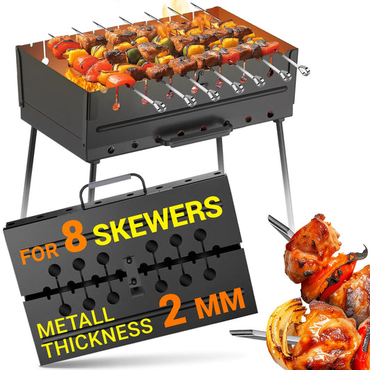 Charcoal Grill for 8 Skewers Portable Barbecue 16.9"×11.8"×16.9" Kabob Camp Grills - Foldable Metal Mangal - Kebab Shish BBQ for EDC Picnic Outdoor Cooking Camping Hiking - CookCave