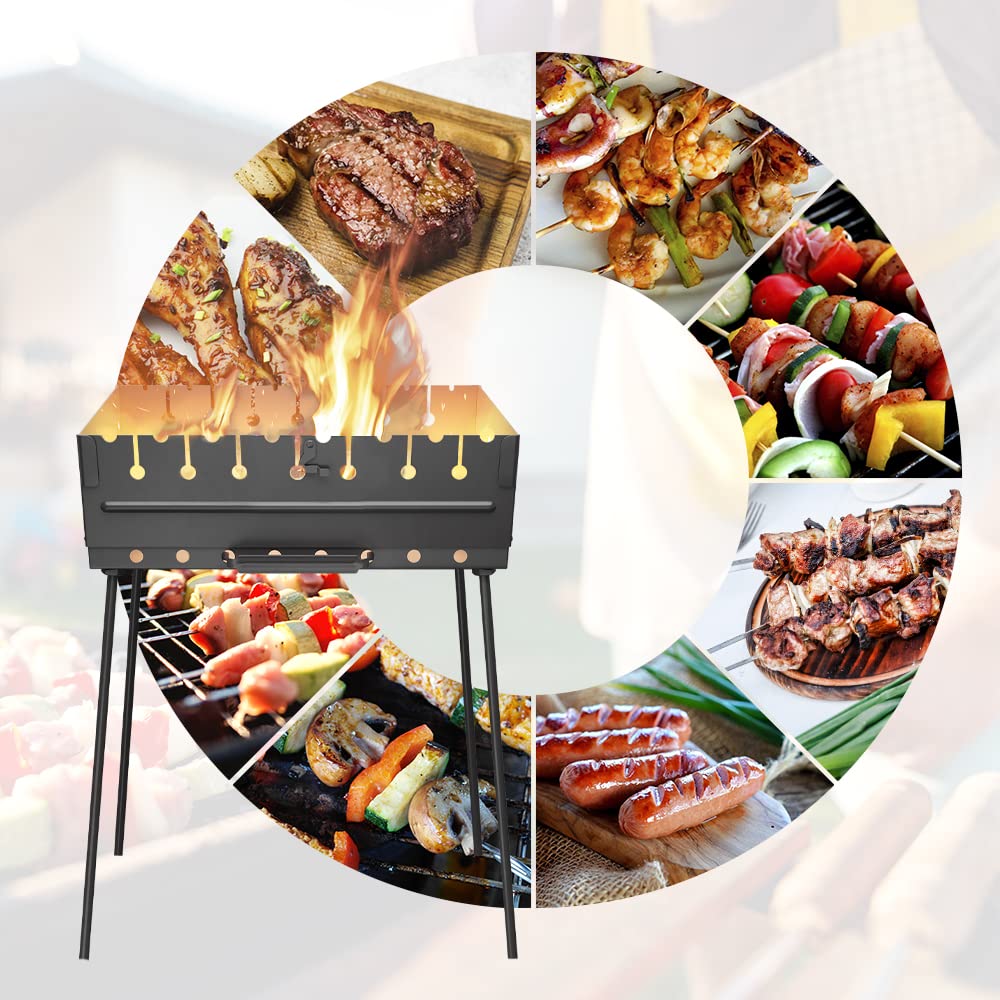Charcoal Grill for 8 Skewers Portable Barbecue 16.9"×11.8"×16.9" Kabob Camp Grills - Foldable Metal Mangal - Kebab Shish BBQ for EDC Picnic Outdoor Cooking Camping Hiking - CookCave