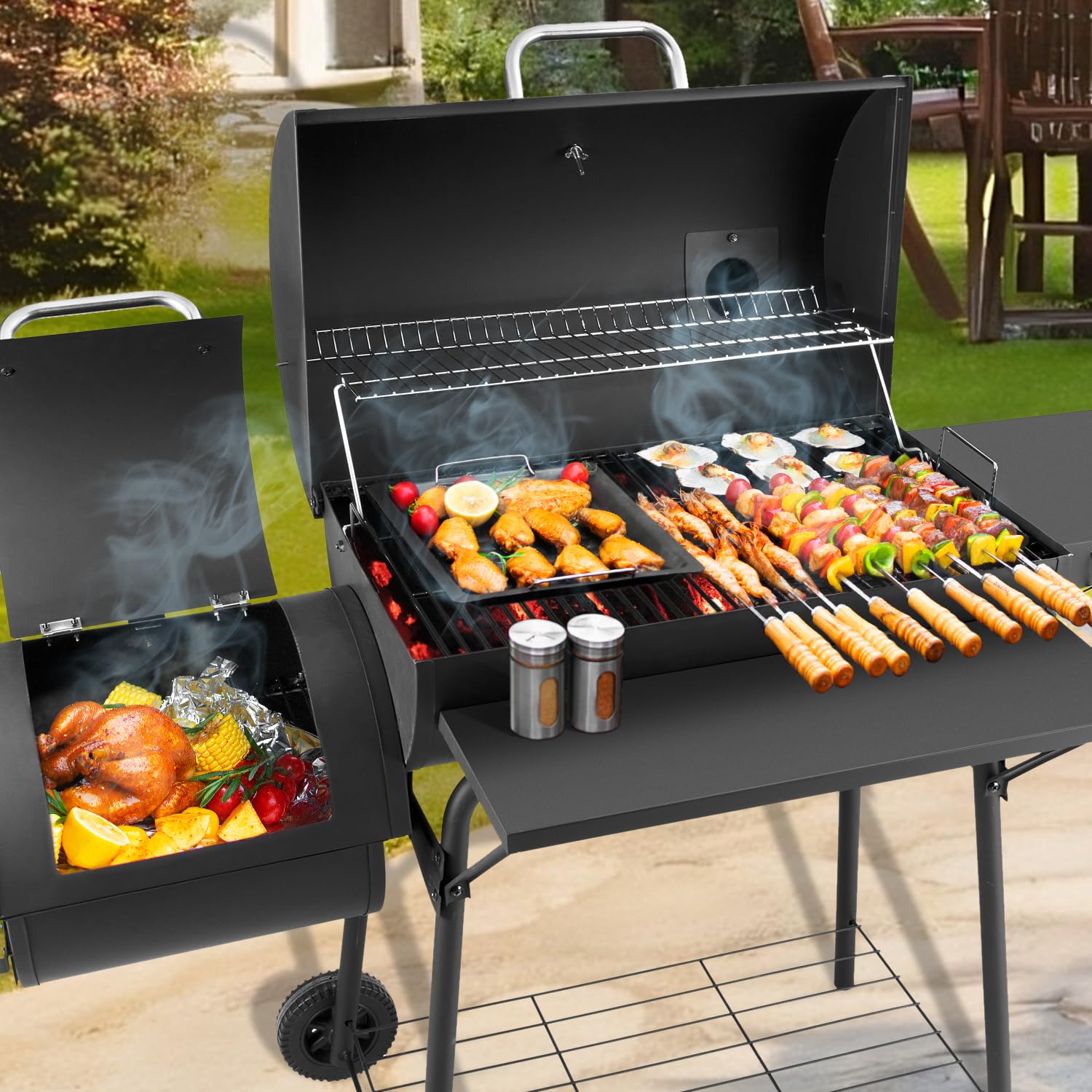 Charcoal Grill with Offset Smoker,BBQ Grills with Side Table,Outdoor Cooking with 714 Square Inches,Backyard Camping Picnics, Patio and Parties, Black by DNKMOR - CookCave