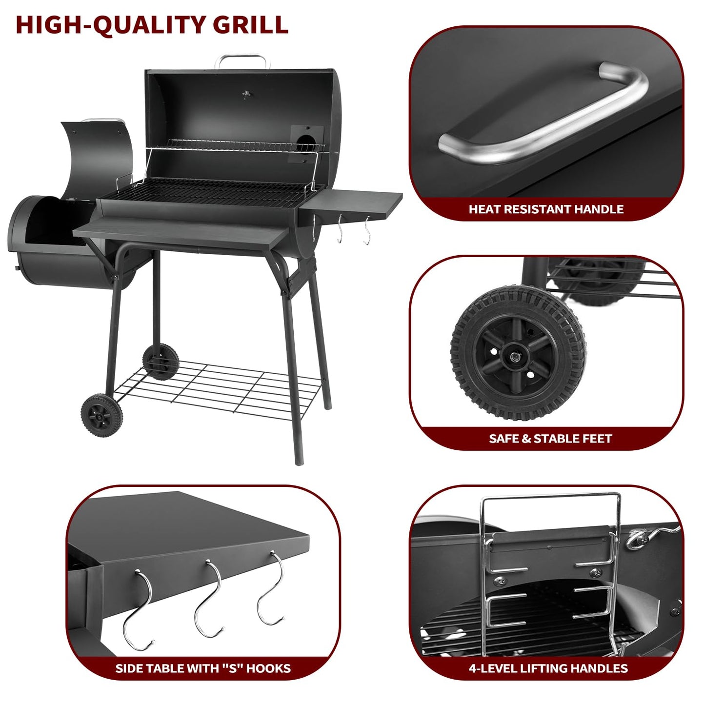 Charcoal Grill with Offset Smoker,BBQ Grills with Side Table,Outdoor Cooking with 714 Square Inches,Backyard Camping Picnics, Patio and Parties, Black by DNKMOR - CookCave