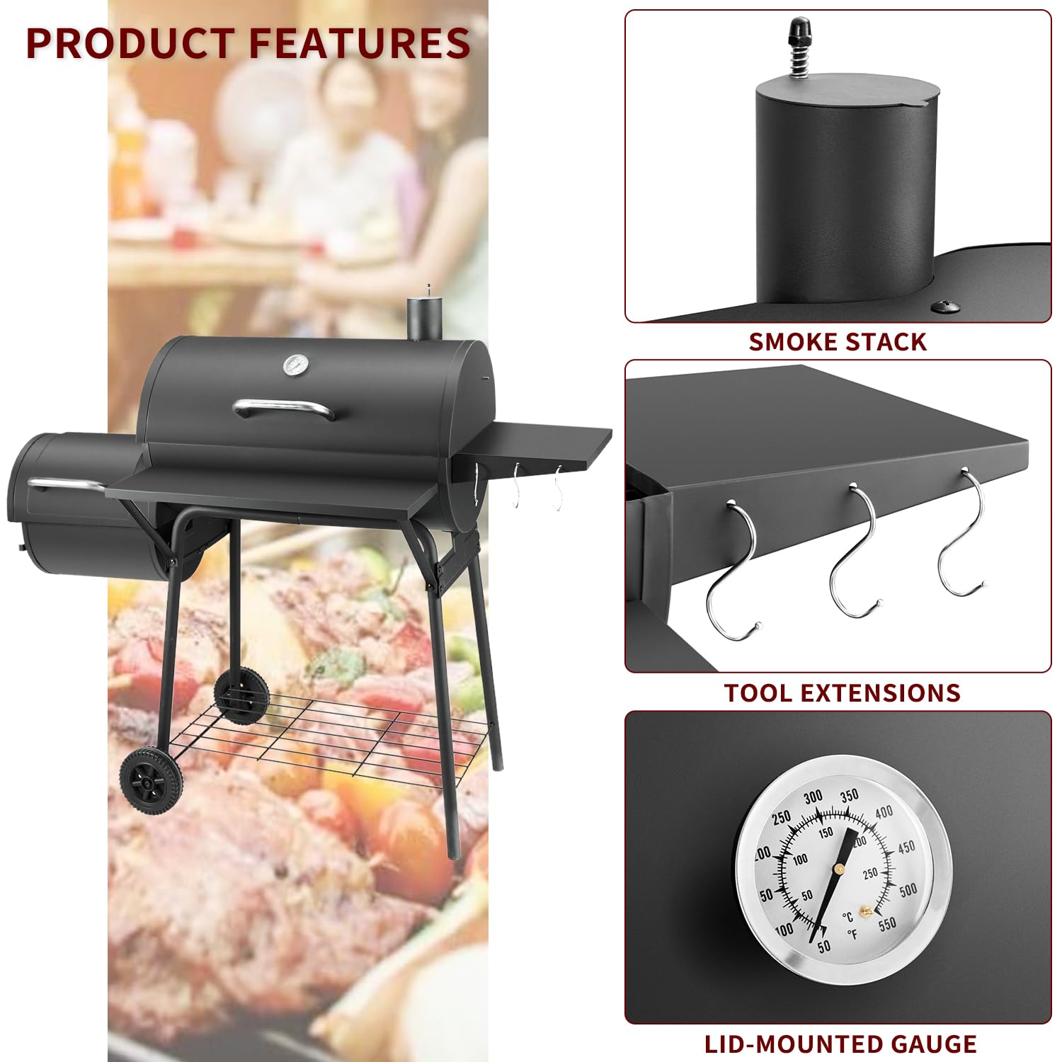 Charcoal Grill with Offset Smoker,BBQ Grills with Side Table,Outdoor Cooking with 714 Square Inches,Backyard Camping Picnics, Patio and Parties, Black by DNKMOR - CookCave