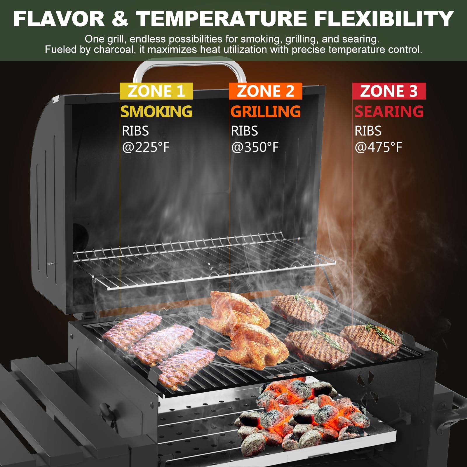 Charcoal Grills, Large Outdoor BBQ Grill Offset Smoker with Side Table Heavy Duty Outside Barbecue Grills Cooking Backyard Patio,Cast Iron Grate - CookCave