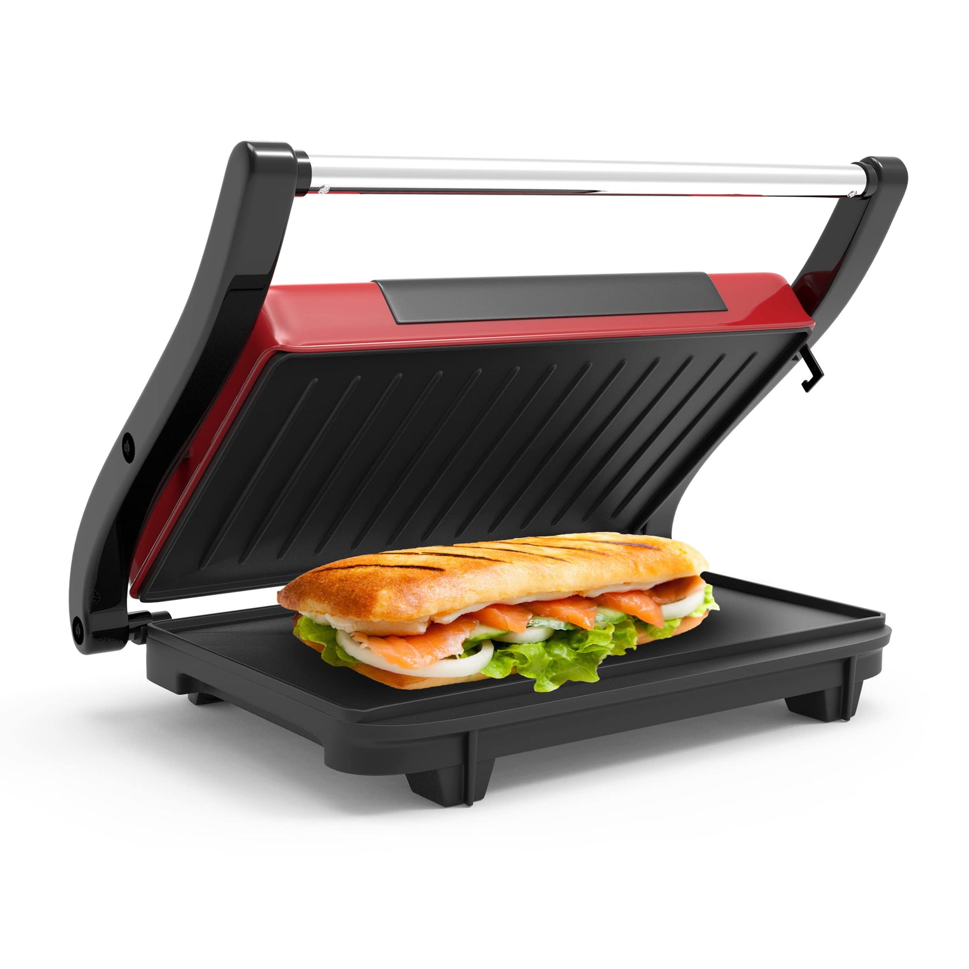 Chef Buddy Gourmet (Red) Panini Press – Sandwich Maker with Nonstick Plates – Indoor Countertop Cooking Burgers, Steak, Grilled Cheese, 9.5" x 10.5" x 3 - CookCave