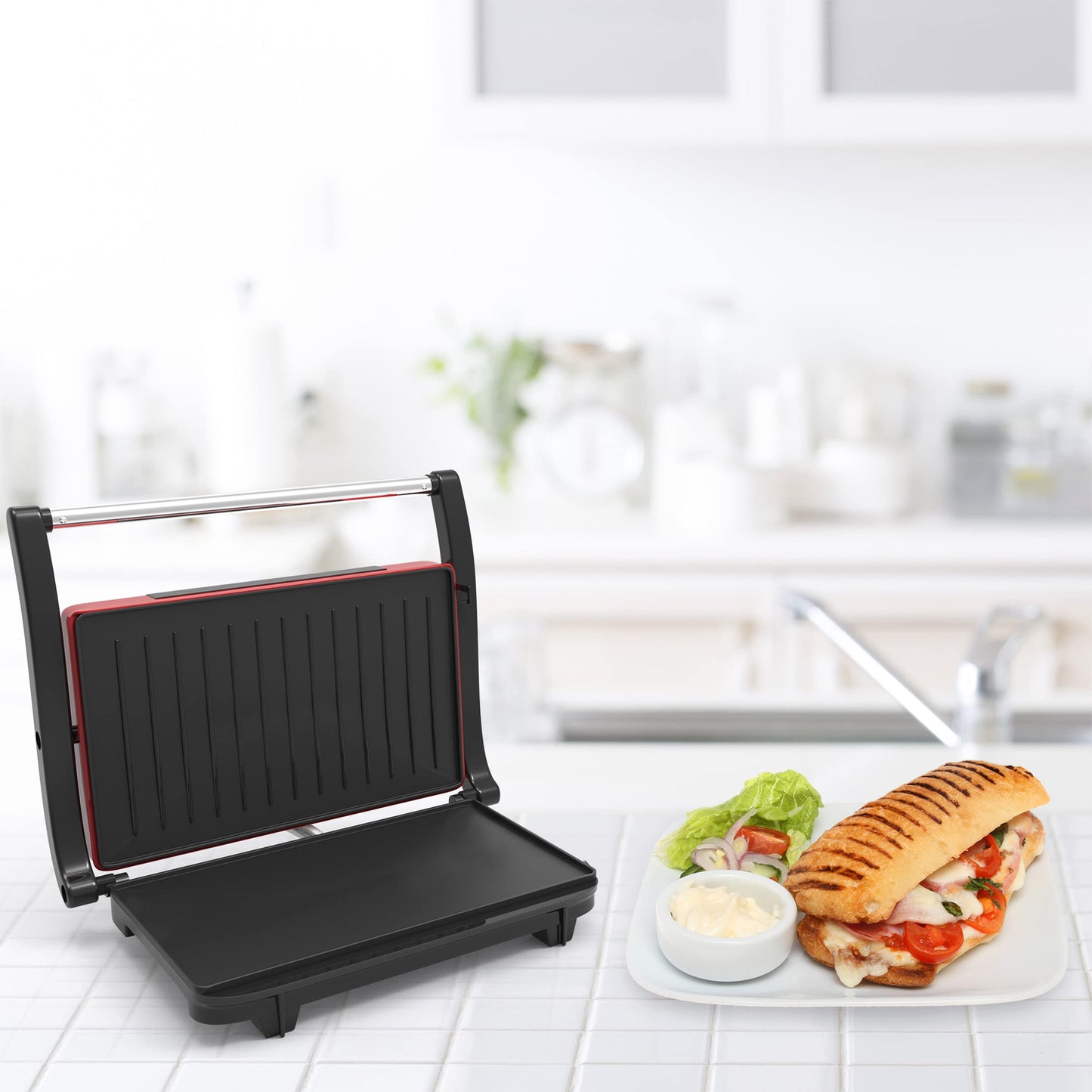 Chef Buddy Gourmet (Red) Panini Press – Sandwich Maker with Nonstick Plates – Indoor Countertop Cooking Burgers, Steak, Grilled Cheese, 9.5" x 10.5" x 3 - CookCave