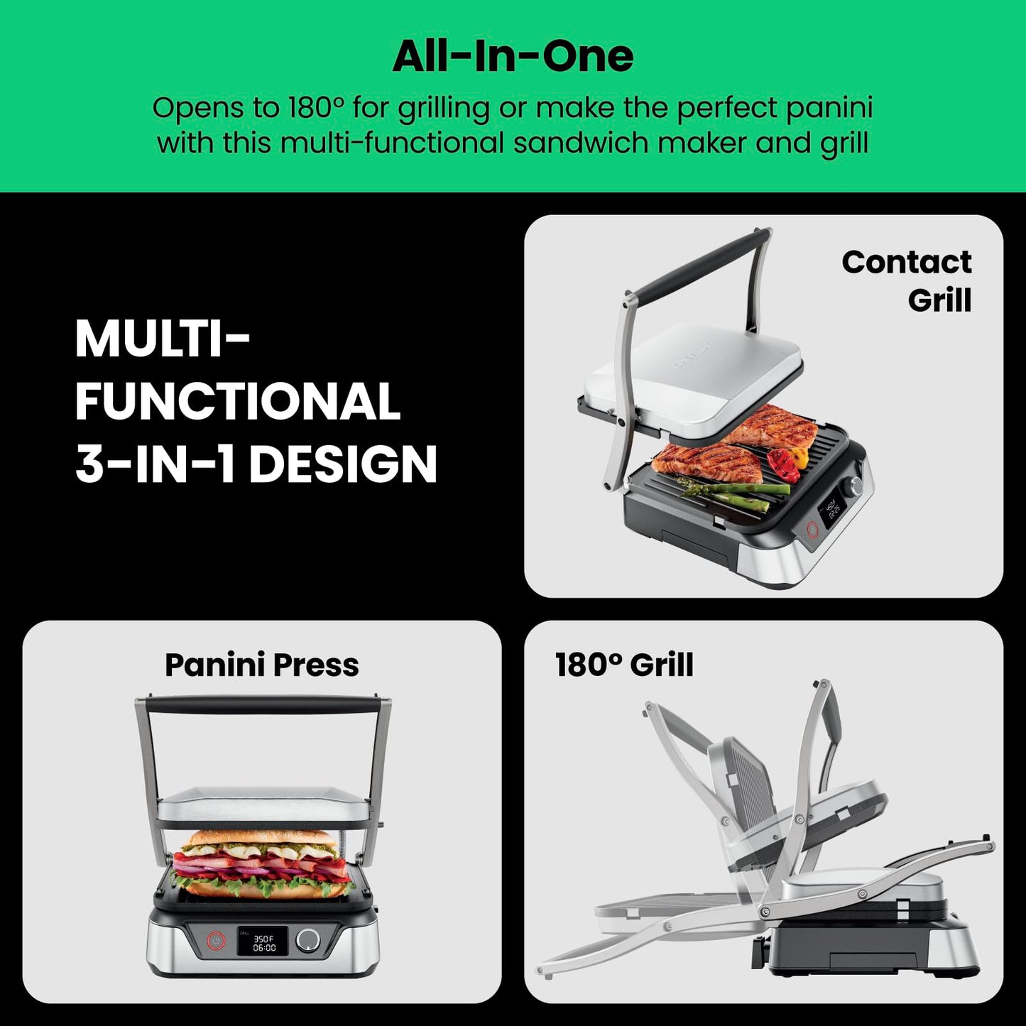 Chefman 5-in-1 Digital Panini Press Grill Sandwich Maker and Griddle Grill Combo with Removable, Reversible Dishwasher-Safe Grilling Plates, Opens 180° for Indoor BBQ /Flat Top Grill, Stainless steel - CookCave