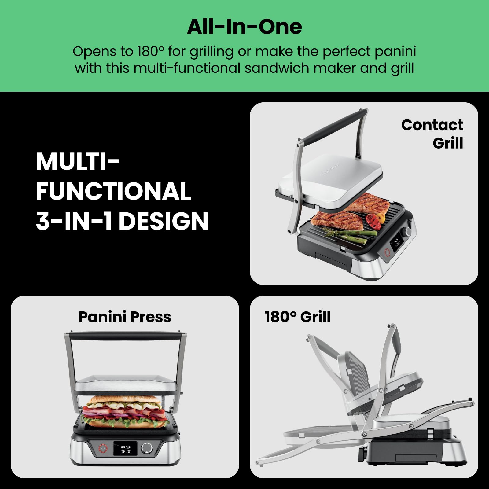 Chefman 5-in-1 Digital Panini Press Grill Sandwich Maker and Griddle Grill Combo with Removable, Reversible Dishwasher-Safe Grilling Plates, Opens 180° for Indoor BBQ /Flat Top Grill, Stainless steel - CookCave