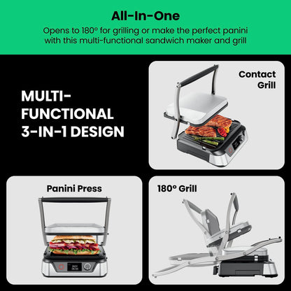 Chefman 5-in-1 Digital Panini Press Grill Sandwich Maker and Griddle Grill Combo with Removable, Reversible Dishwasher-Safe Grilling Plates, Opens 180° for Indoor BBQ /Flat Top Grill, Stainless steel - CookCave